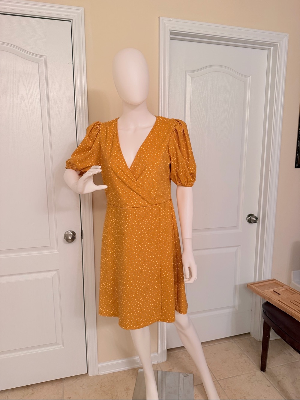 Mango Mustard Polka Dot Puff-Sleeve V-neck Mini Dress Size L